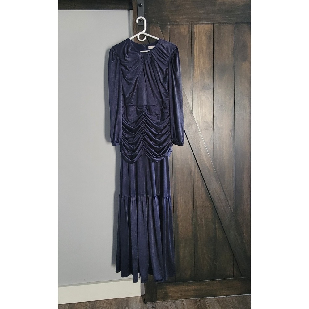Dress The Population Blue Satin Maxi Dress Ruched Long Sleeve Formal Gown XL NEW - Picture 6 of 11
